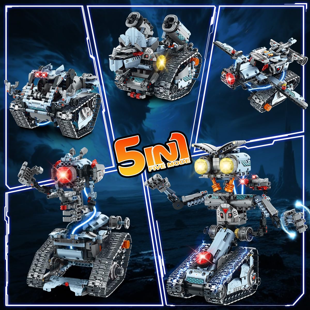 5 in 1 Robotic Building Set with APP & Remote Control, RC Tech Tracked Tank Car Fighter Jet Model Kit 795 PCS