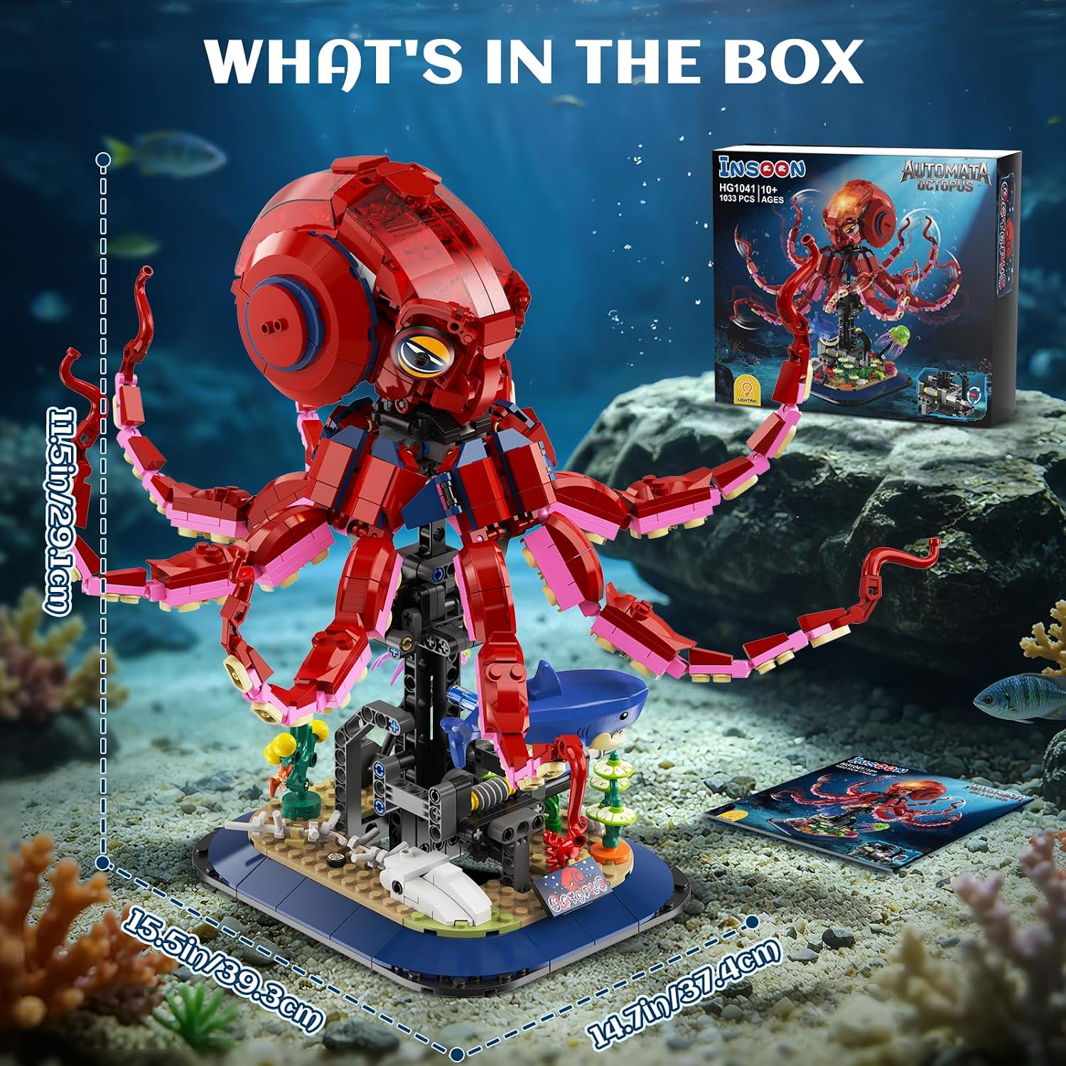 Mechanical Octopus Building Set with Lights,1033PCS Octopus Display Model with Shark Jellyfish