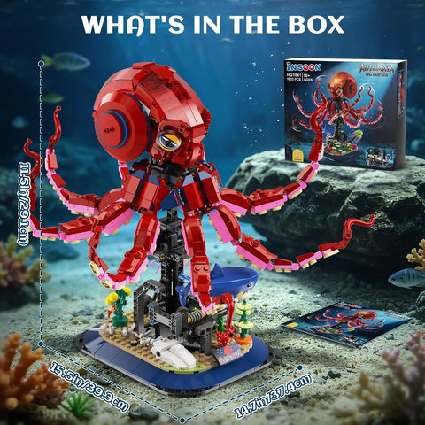 Mechanical Octopus Building Set with Lights,1033PCS Octopus Display Model with Shark Jellyfish