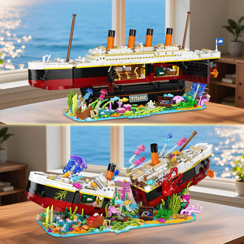 Titanic Building Set with LED Lights, 2 in 1 Seabed World Titanic Ship Mini Building Block Kit with Jellyfish Octopus