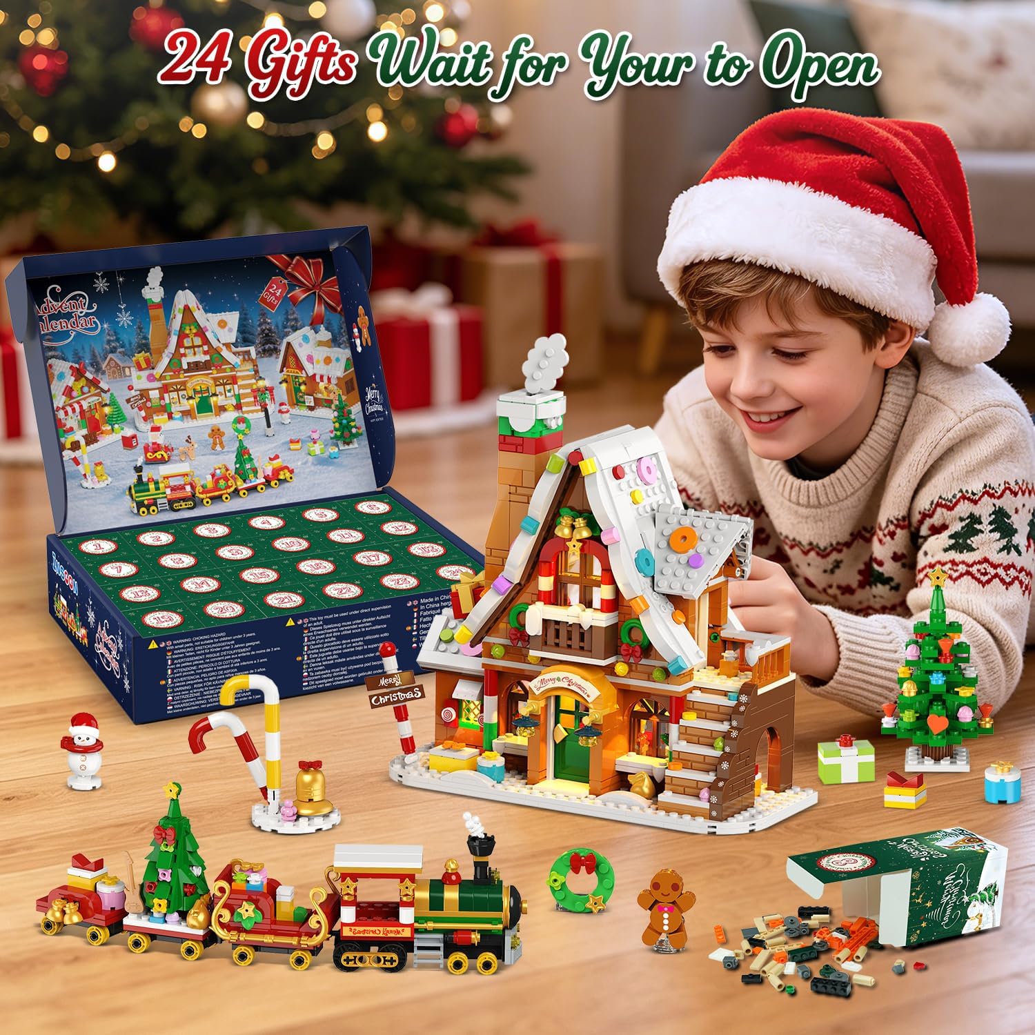 Advent Calendar 2026 Gingerbread House Mini Building Set with Lights, 24 Days Countdown Christmas Village Building Blocks with Xmas Tree Train
