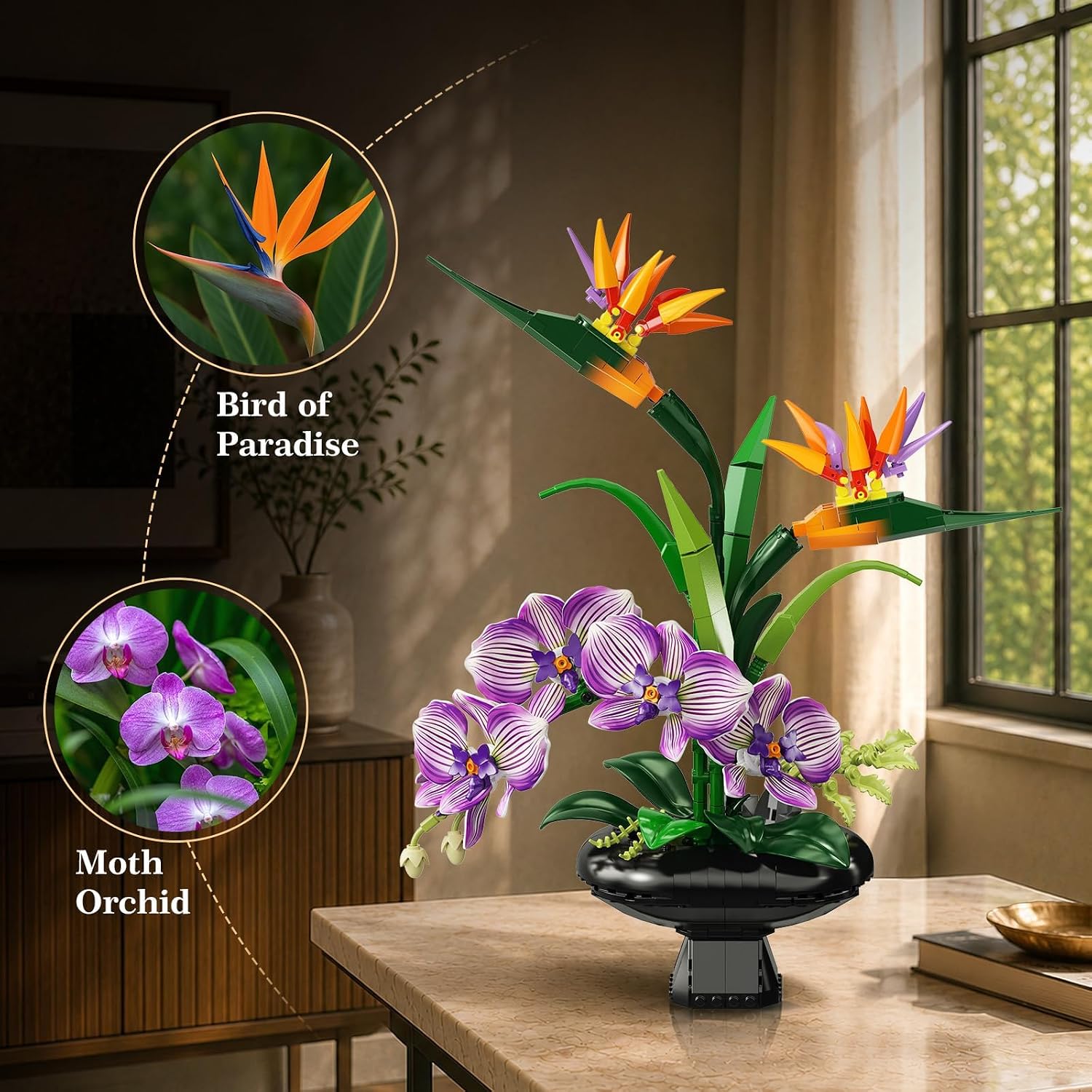Orchid Flowers Building Set, Bird of Paradise & Orchid Botanical Collection with Vase
