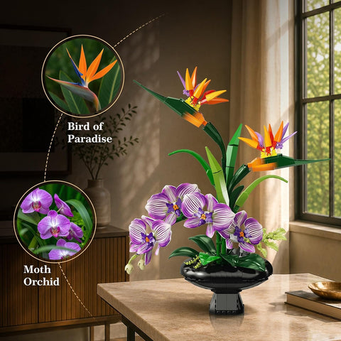 Orchid Flowers Building Set, Bird of Paradise & Orchid Botanical Collection with Vase
