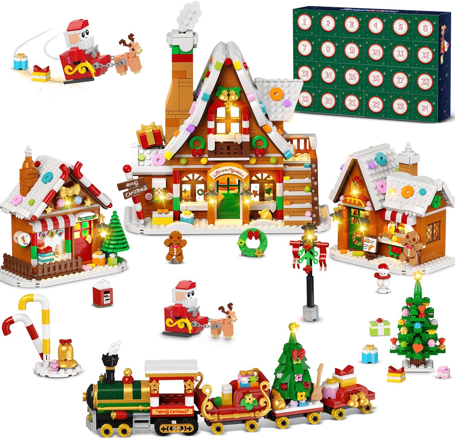 Advent Calendar 2026 Gingerbread House Mini Building Set with Lights, 24 Days Countdown Christmas Village Building Blocks with Xmas Tree Train