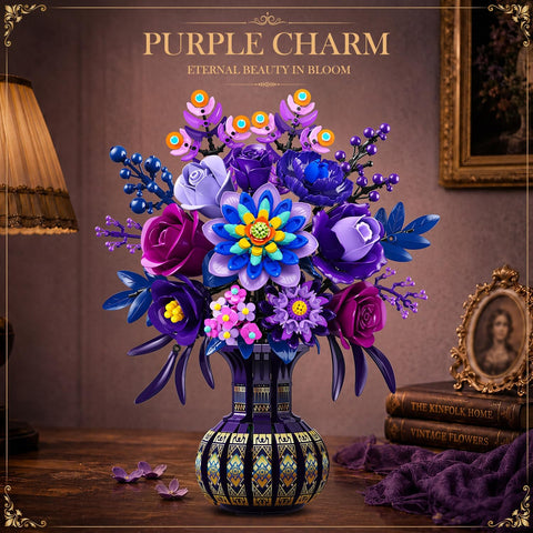 Purple Flower Bouquet Building Set with Vase