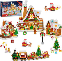 Gingerbread House Christmas Village Mini Building Set with Lights, Christmas Building Block Kit with Xmas Tree Train Santa
