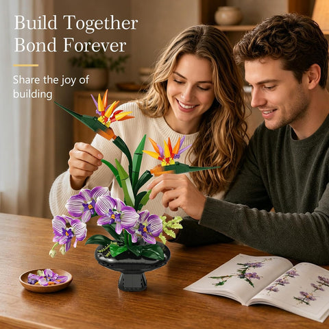 Orchid Flowers Building Set, Bird of Paradise & Orchid Botanical Collection with Vase