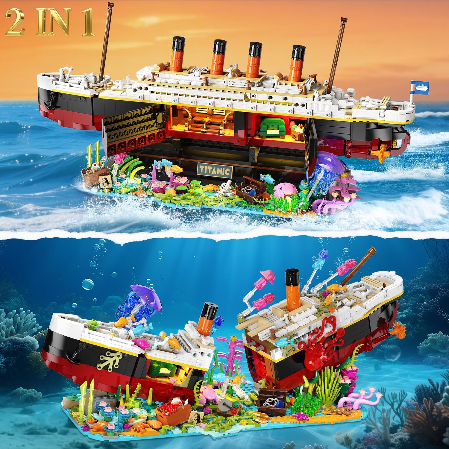 Titanic Building Set with LED Lights, 2 in 1 Seabed World Titanic Ship Mini Building Block Kit with Jellyfish Octopus