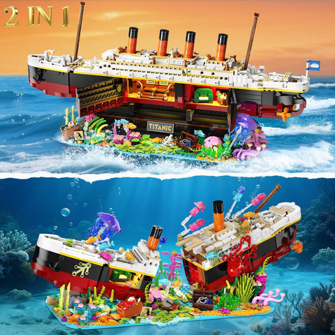 Titanic Building Set with LED Lights, 2 in 1 Seabed World Titanic Ship Mini Building Block Kit with Jellyfish Octopus