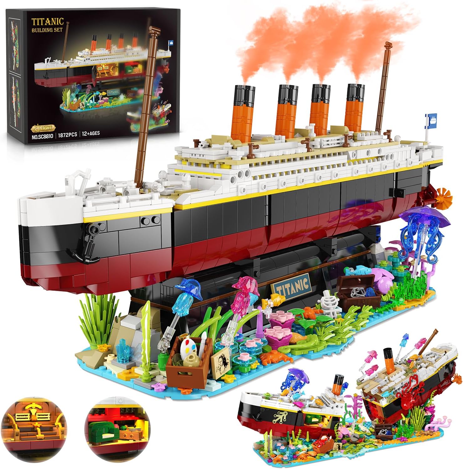 Titanic Building Set with LED Lights, 2 in 1 Seabed World Titanic Ship Mini Building Block Kit with Jellyfish Octopus