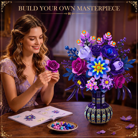 Purple Flower Bouquet Building Set with Vase