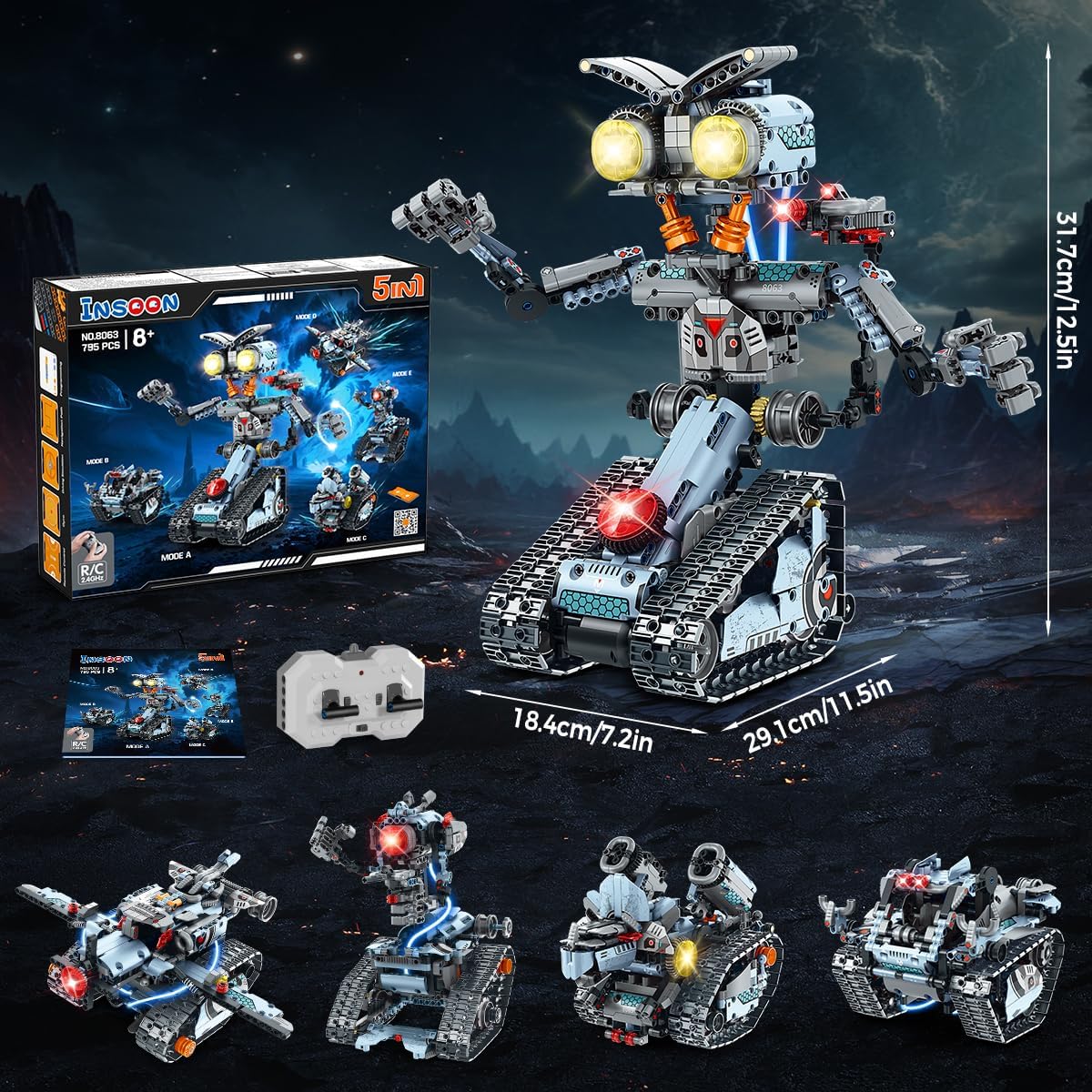 5 in 1 Robotic Building Set with APP & Remote Control, RC Tech Tracked Tank Car Fighter Jet Model Kit 795 PCS
