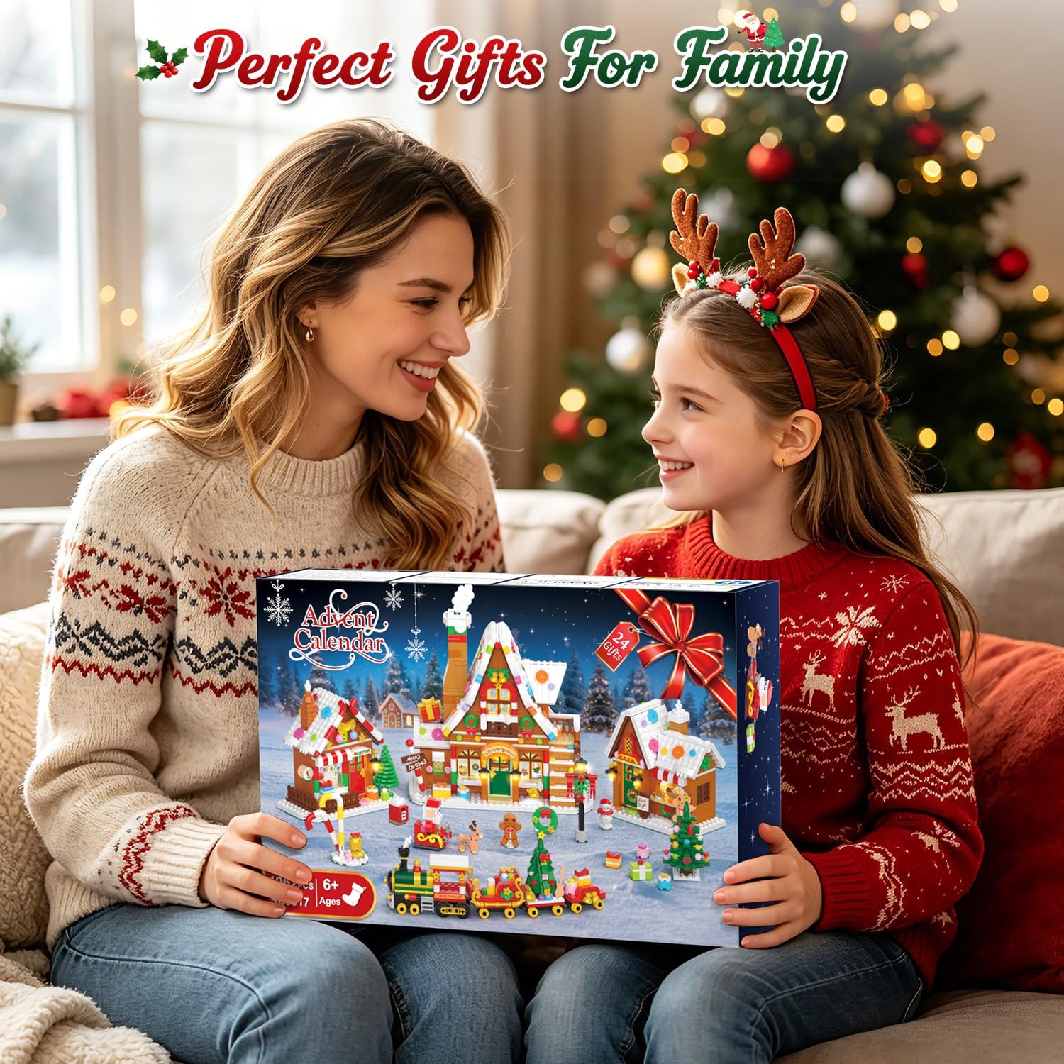 Advent Calendar 2026 Gingerbread House Mini Building Set with Lights, 24 Days Countdown Christmas Village Building Blocks with Xmas Tree Train