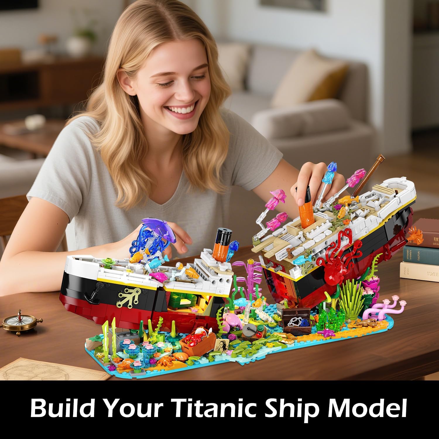 Titanic Building Set with LED Lights, 2 in 1 Seabed World Titanic Ship Mini Building Block Kit with Jellyfish Octopus