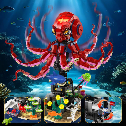 Mechanical Octopus Building Set with Lights,1033PCS Octopus Display Model with Shark Jellyfish