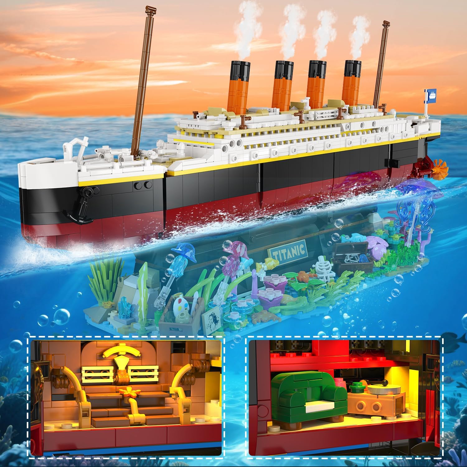 Titanic Building Set with LED Lights, 2 in 1 Seabed World Titanic Ship Mini Building Block Kit with Jellyfish Octopus