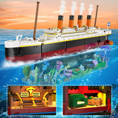 Titanic Building Set with LED Lights, 2 in 1 Seabed World Titanic Ship Mini Building Block Kit with Jellyfish Octopus