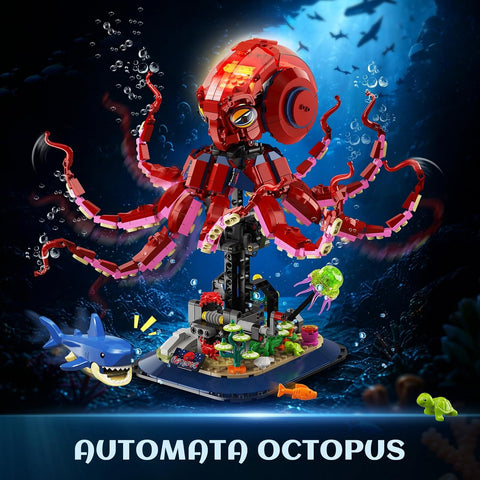 Mechanical Octopus Building Set with Lights,1033PCS Octopus Display Model with Shark Jellyfish