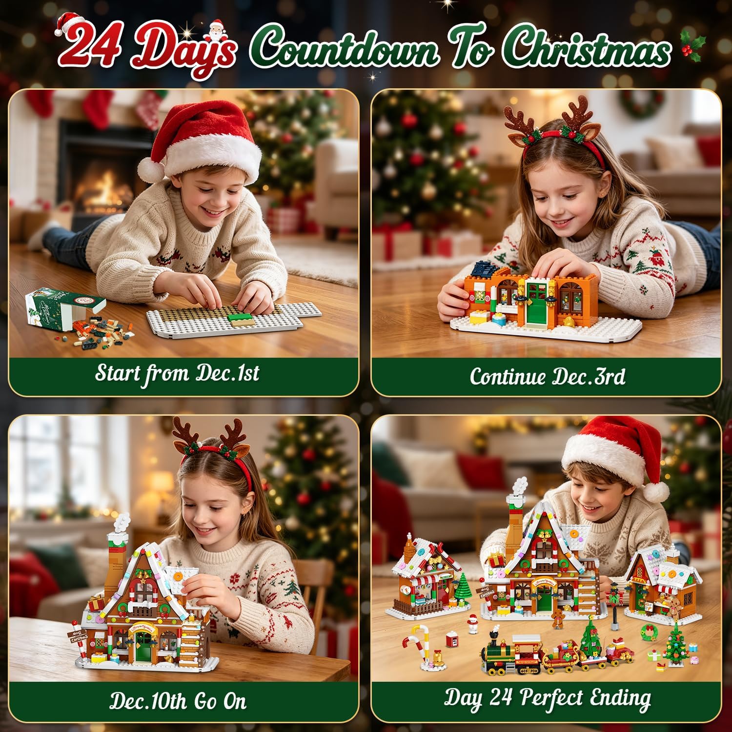 Advent Calendar 2026 Gingerbread House Mini Building Set with Lights, 24 Days Countdown Christmas Village Building Blocks with Xmas Tree Train