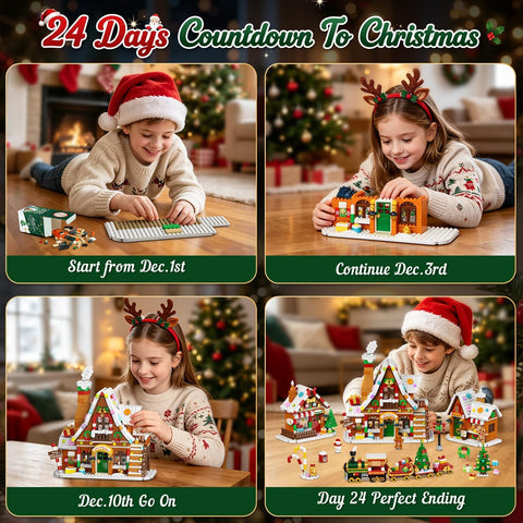 Advent Calendar 2026 Gingerbread House Mini Building Set with Lights, 24 Days Countdown Christmas Village Building Blocks with Xmas Tree Train
