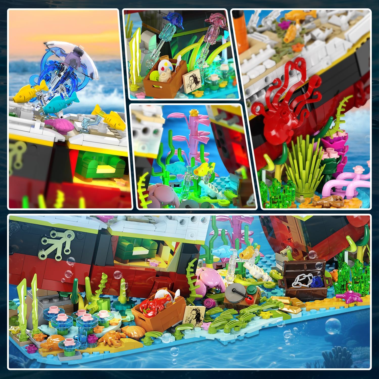 Titanic Building Set with LED Lights, 2 in 1 Seabed World Titanic Ship Mini Building Block Kit with Jellyfish Octopus