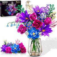21 Flowers Bouquet Building Set with Light for Adults Girls 8-12+ | Artificial Flower Botanical Collection Block Toy, 1054PCS Rose Home Room Decor, Birthday Gifts for Women Mom Her Kid (PURPLE)