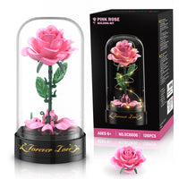 Rose Flower Building Set with Music Box and Display Dome, 126PCS Botanical Collection Building Blocks Kit, Romantic Pink Rose Decoration Craft Toy Gift for Women Girls Ages 6+