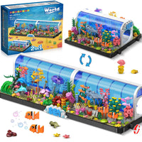 Aquarium Building Sets - 2 Styles Oceanarium Building Toy for Kids Adults, Pivoting Undersea Fish Tank Includs Dolphins Shark Crab Fish Jellyfish Animals Construction Gift for Boys Girls 6-12