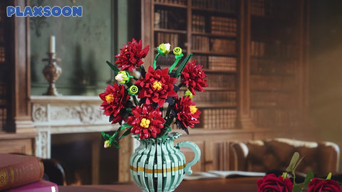 Black Dahlia Flowers Bonsai Building Set with Vase